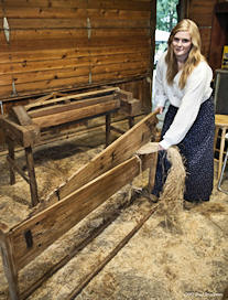 Girl breaking flax fibers with "The Breaker"